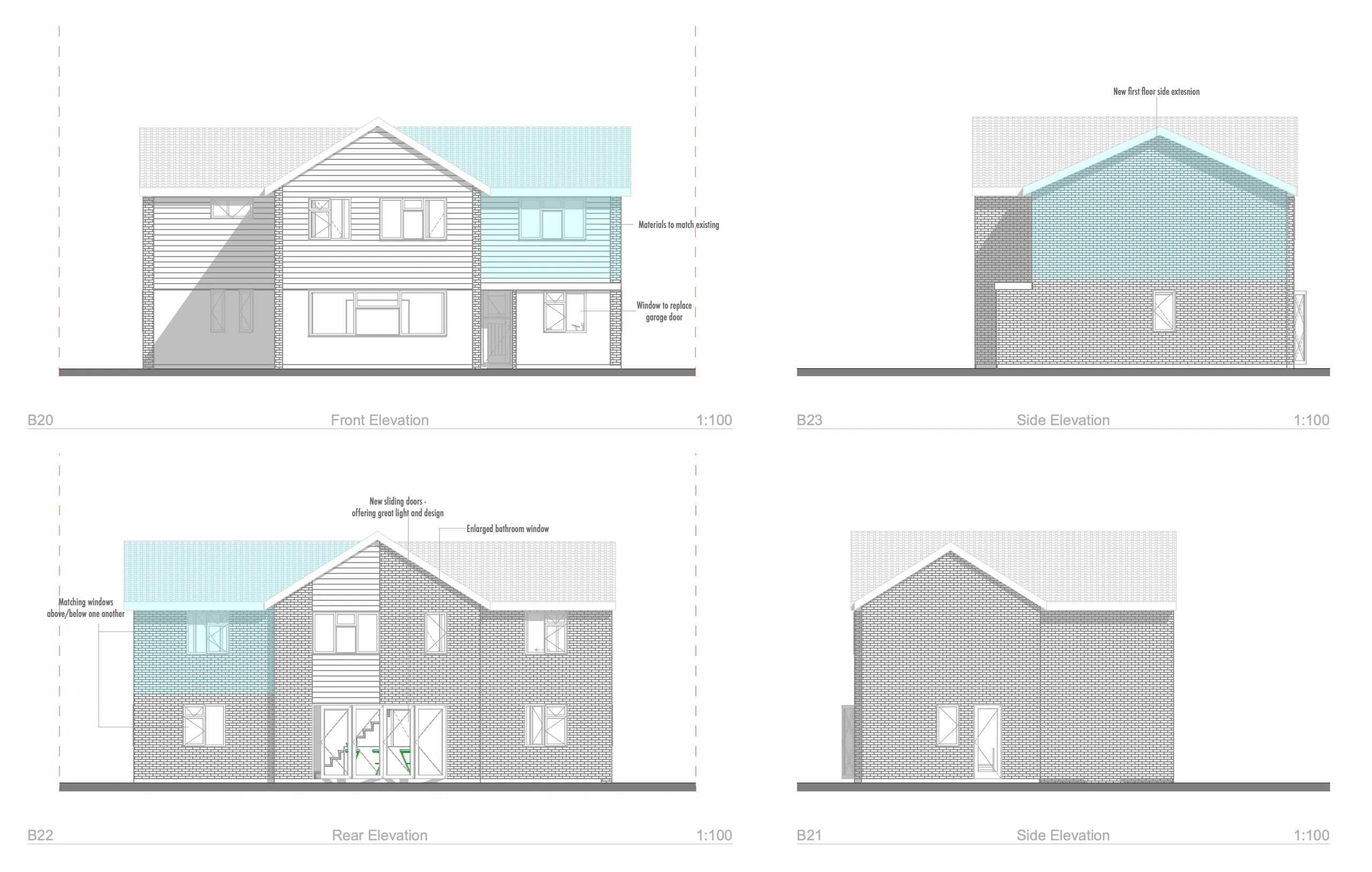 Annotated elevations showing new first floor side extension and sliding doors