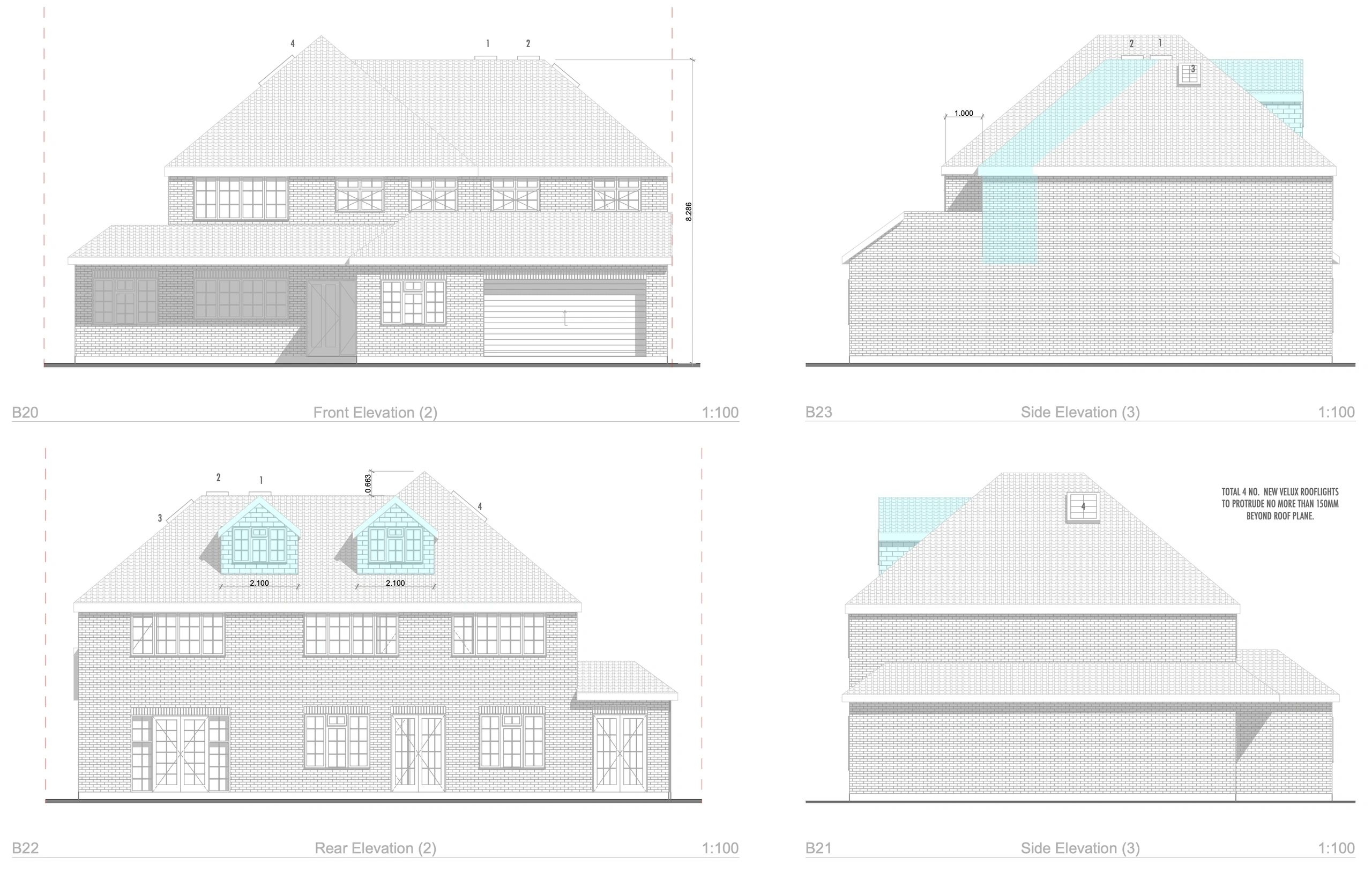 Dormer loft conversion elevations with Velux rooflights
