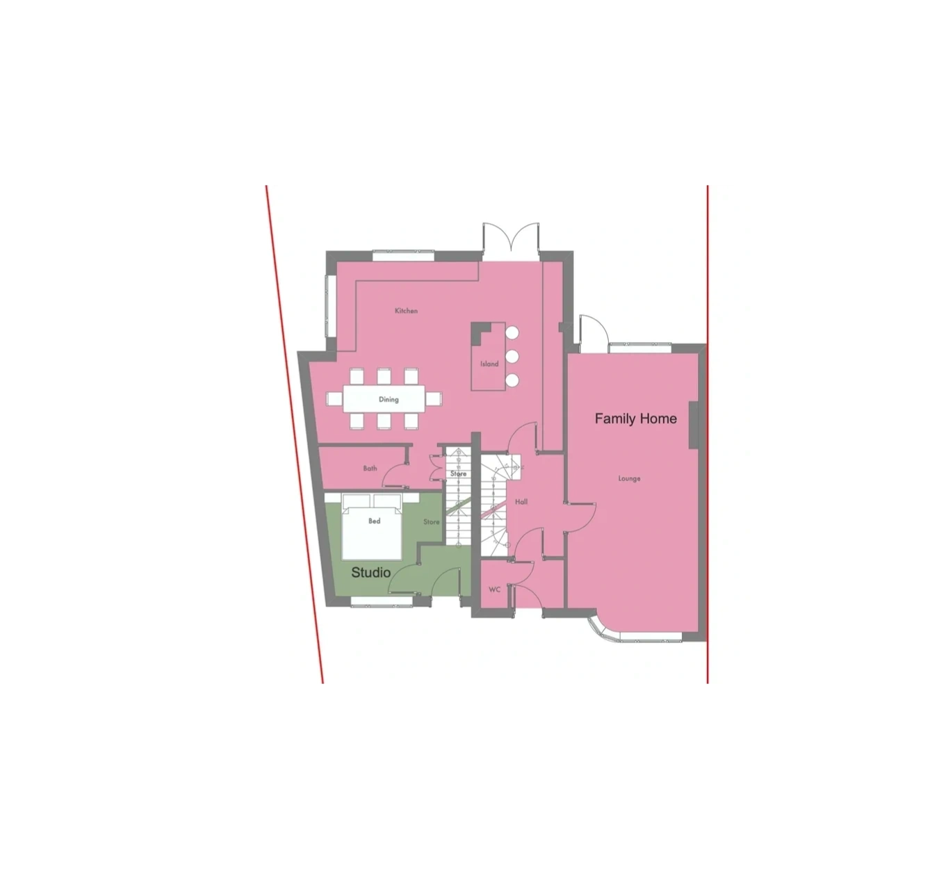 Rear extension floor plan with kitchen island, dining and lounge