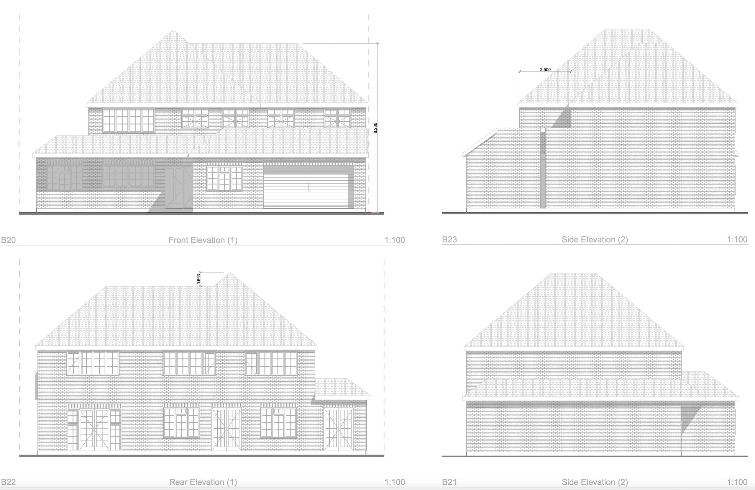 Dormer loft conversion elevations — front, rear and side views