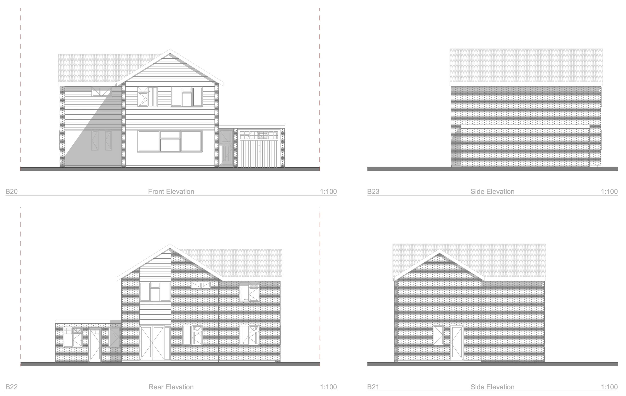 Garage conversion elevations — front, rear and side views